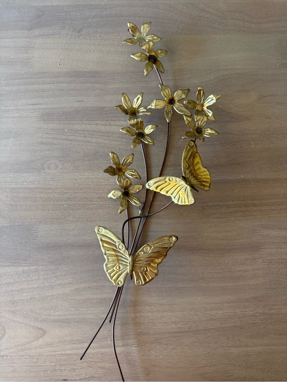 Vtg Home Interior Style Brass Tone Metal Butterfly & Flower Wall Hanging Art 24”